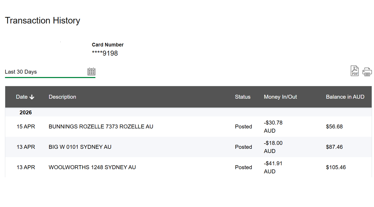 Sample transaction history showing card balance and recent activity
